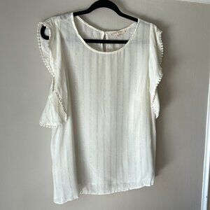 Anthropologie Your Story White & Metallic Striped Blouse with Ruffle Sleeve